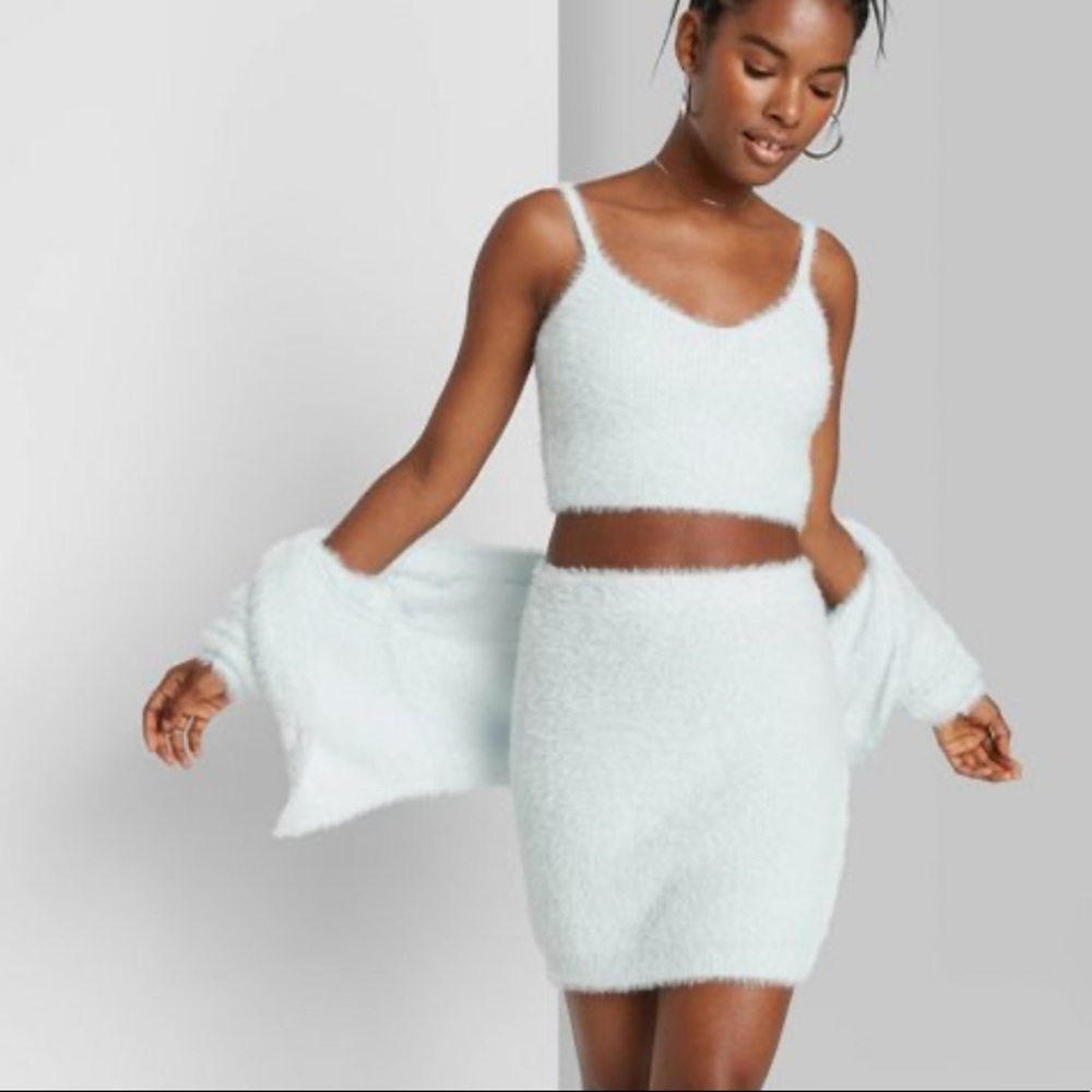 Fuzzy crop top and mini skirt matching co ord set!